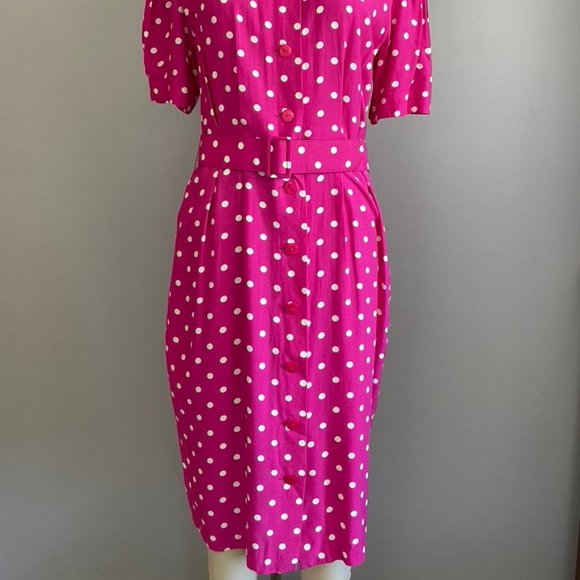 Vintage Ms. Chaus Pink Polka Dot Belted Dress - Picture 2 of 8